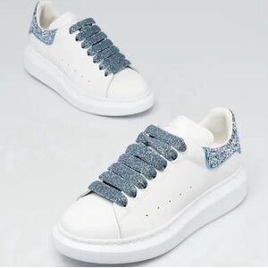 Alexander McQueen White Sneakers with Glittery Blue Laces 40.5